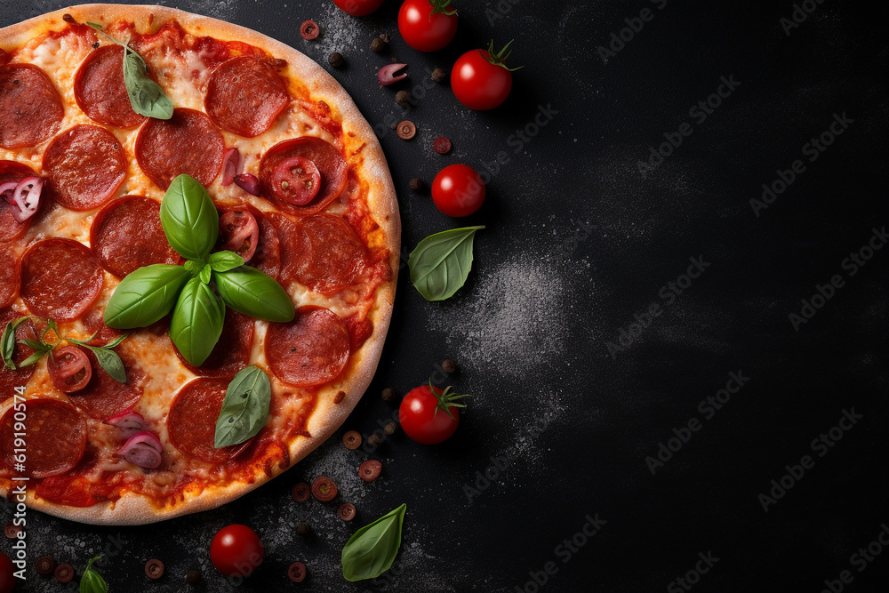 Tasty pepperoni pizza and cooking ingredients tomatoes basil on black concrete background. Top view of hot pepperoni pizza. With copy space for text. Flat lay. Banner. High quality photo