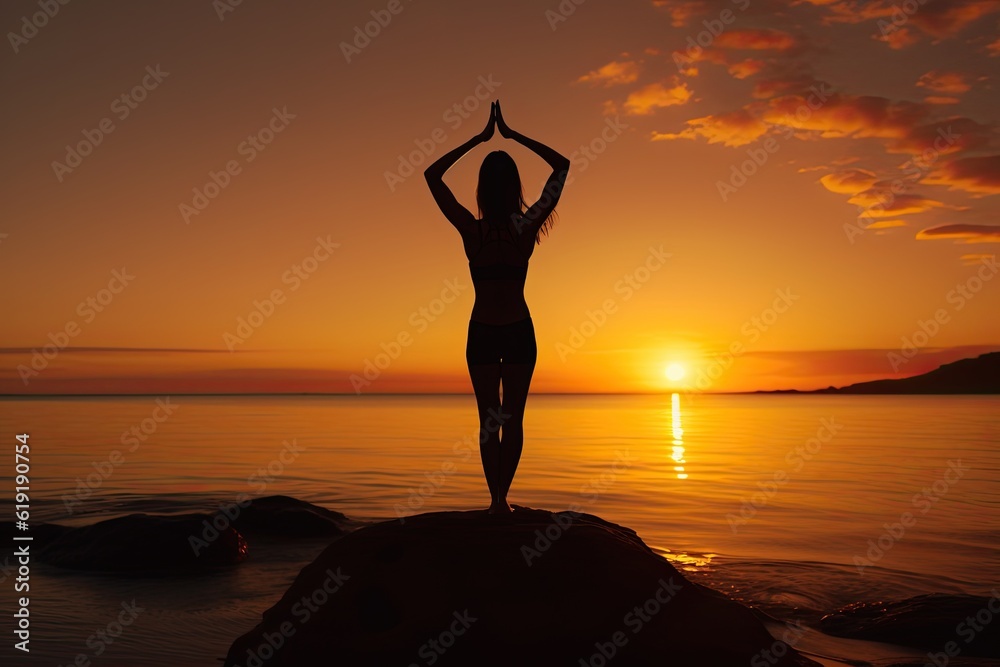 Generative AI illustration of sunset yoga session, practice yoga in lotus position