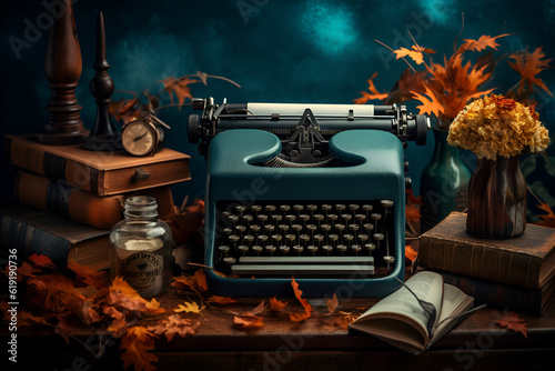 Generative AI illustrations, Writing Concept, Autumn Books, retro black typewriter and books with yellow