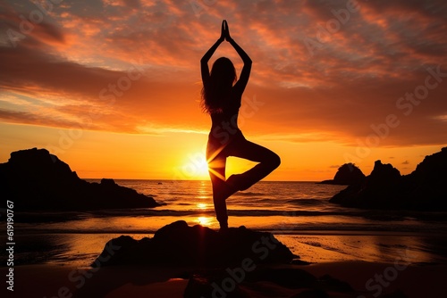 Generative AI illustration of sunset yoga session, practice yoga in lotus position
