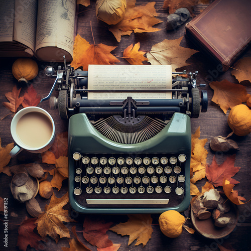 Generative AI illustrations, Writing Concept, Autumn Books, retro black typewriter and books with yellow