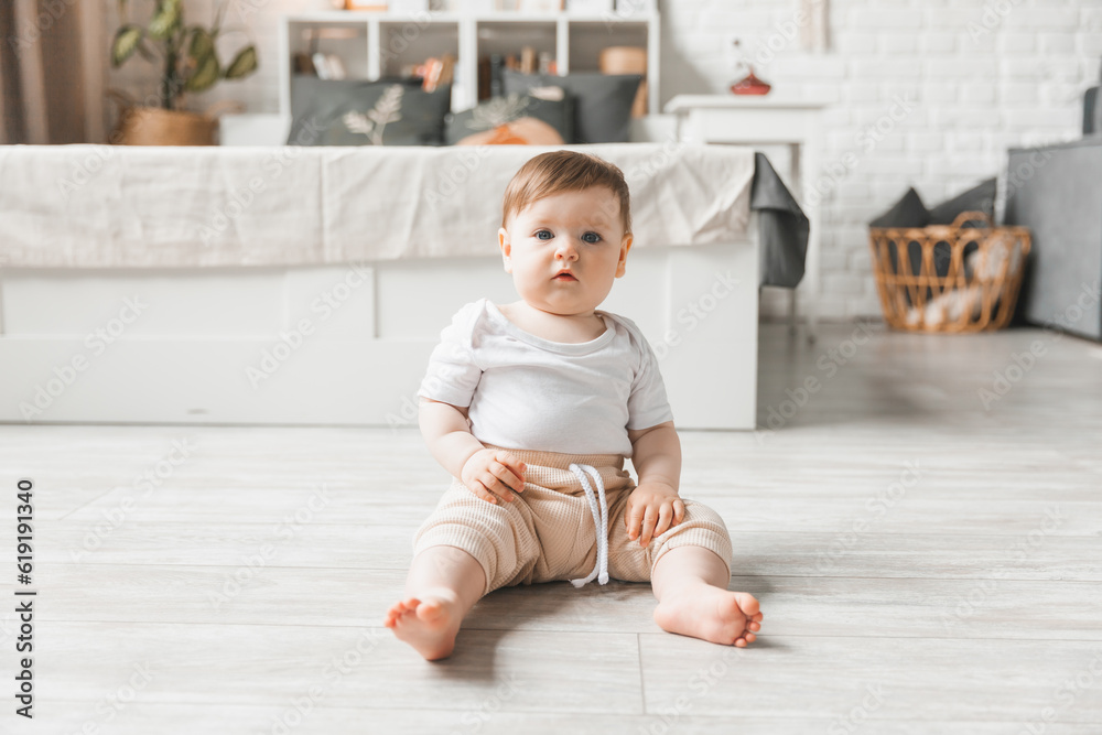 Portrait of a 7-9 month old baby in a home interior. A curious, smiling child explores the world around him. A cute baby is sitting on the floor. Portrait of a 7-9 month old baby in a home interior. A curious, smiling child explores the world around him. A cute baby is sitting on the floor.
