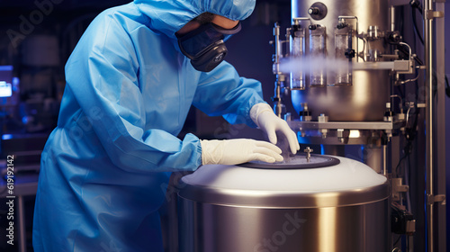 A man in a blue coverall and white gloves working on a machine. Generative AI. Unrecognisable workers in protective wear working in cryogenic storage room. photo