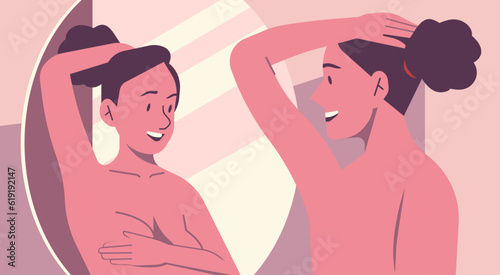 Woman Performing a Breast Cancer Self-Examination for Diagnosis and Self-Awareness in Her Home Bathroom Mirror to Ensure Early Detection and Prevention for Health, Vector Flat Illustration