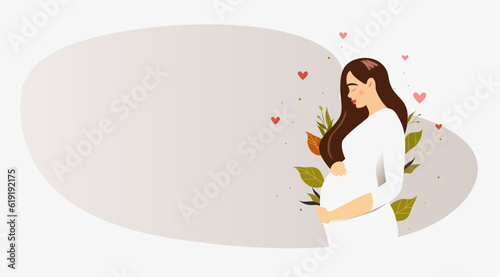 Banner about pregnancy and motherhood with place for text. Pretty pregnant woman with long hair on the background of green leaves.Pregnancy banner.  Happy Mother's Day. Flat vector illustration.