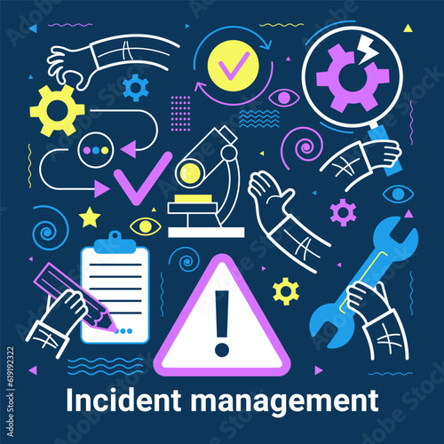 Incident Management process. Business Technology. Incident management banner web icon. Business process management with an icon of the incident, process, detection, analysis, initial support, restore,