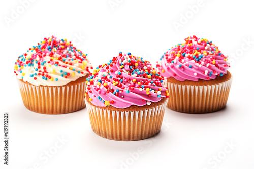 Delicious cupcakes with cream on white background. AI generated