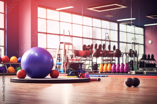 Sports equipment and fitness room blurred background. AI generated