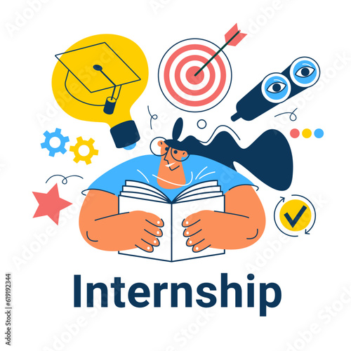 Internship concept. Banner with keywords and icons. Concept with icon of goal, skills, knowledge, mentoring, practice, opportunity, and training.