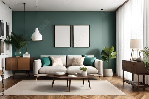 Warm and Cozy Composition of spring living room interior with mock-up poster frame, wooden sideboard, white sofa, green stand, base with leaves, plants, and stylish lamp, Home Decor Generative AI © RBGallery