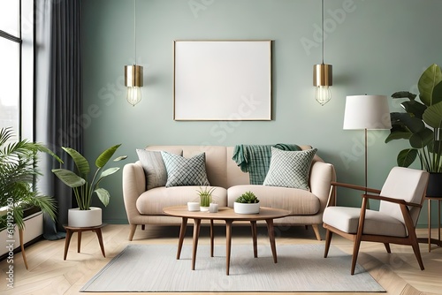 Fototapeta Warm and Cozy Composition of spring living room interior with mock-up poster frame, wooden sideboard, white sofa, green stand, base with leaves, plants, and stylish lamp, Home Decor Generative AI