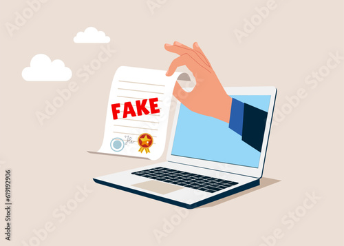 Inspector through the laptop verify fake document. Flat modern vector illustration.