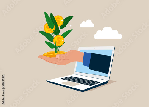 Investor  through the laptop hand holding money flower plant from pile of coins. Investment growth,  make profit and increase wealth. Vector illustration