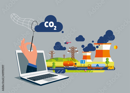 Zero emission. Businessman through the laptop uses butterfly net to catch gas carbon dioxide symbol. Vector illustration
