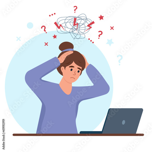 Young woman with headache stress symptom. Stressed worker. Business woman in panic and depression. Professional burnout concept vector illustration.