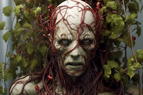 A scary zombie's face is covered by veins and leaves, green natural background. Generative AI