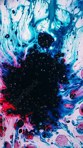 Oil splatter. Colorful stains. Red blue black fluid splash spreading on light background paint explosion abstract creative illustration.