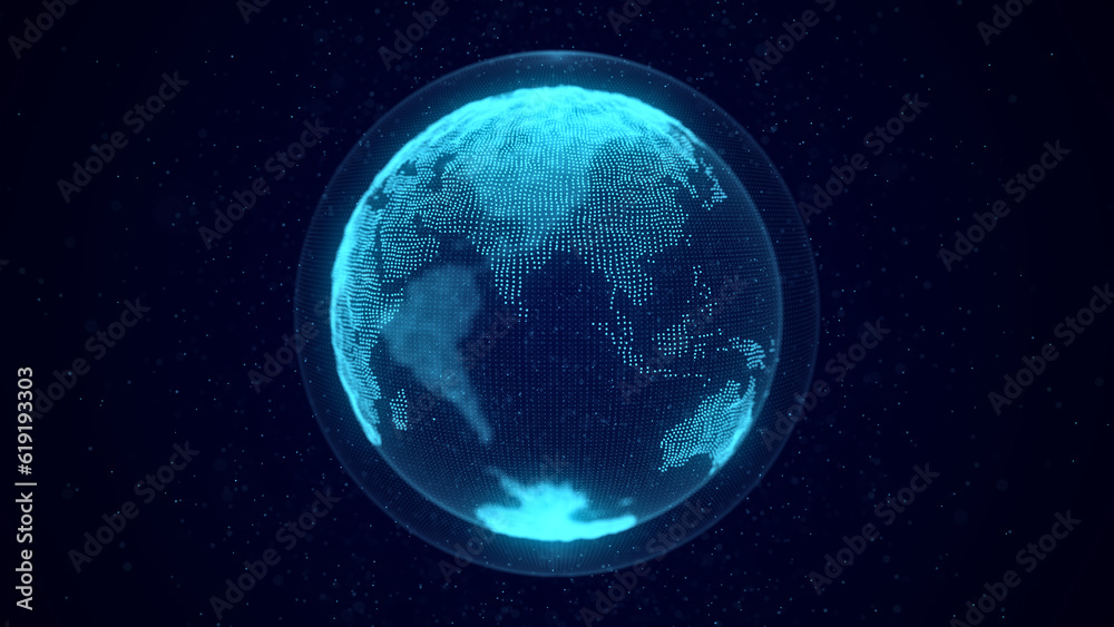 Global world network concept. Safety wireless network connection technology. Big data analytics and visualization. Science background with blue planet Earth. 3D rendering.