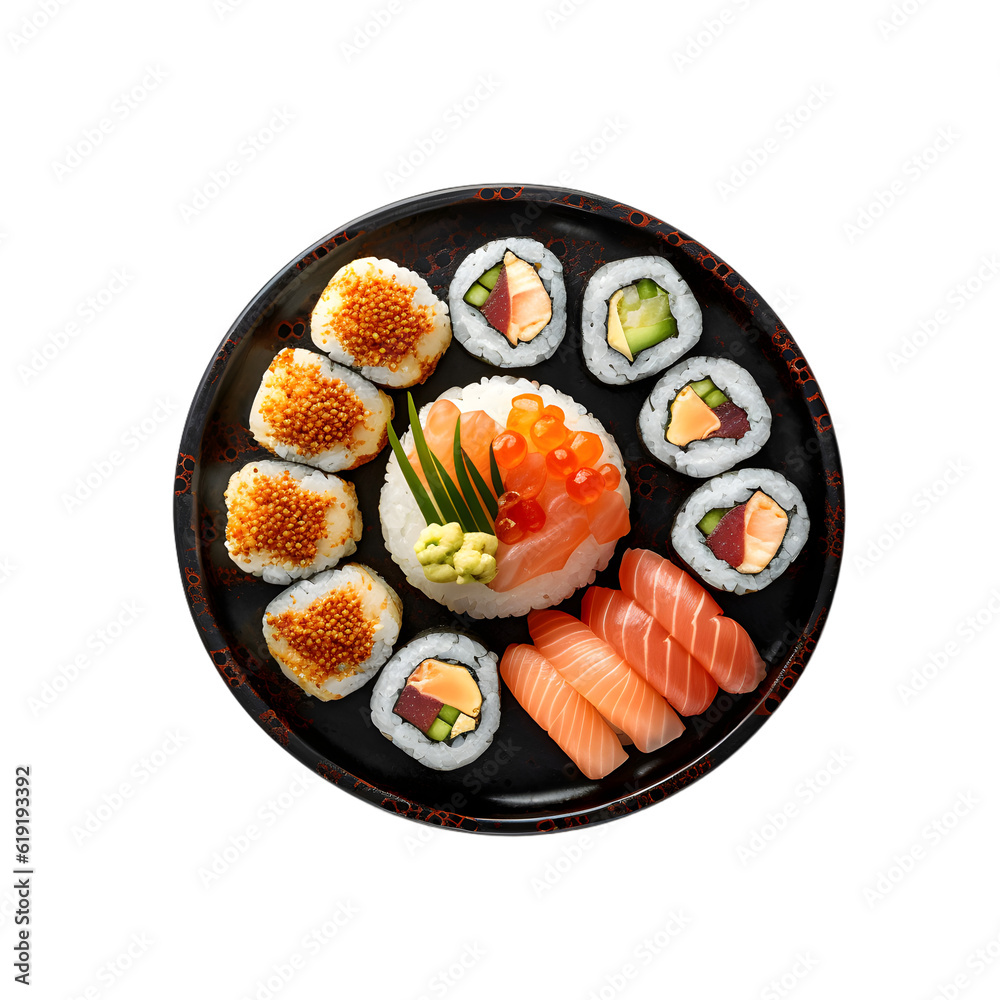 Set sushi rolls with salmon, eel, nori leaves, avocado, cucumber, and cream cheese inside isolated on Transparent Background, Png Cutout, Generative Ai Set sushi rolls with salmon, eel, nori leaves, avocado, cucumber, and cream cheese inside isolated on Transparent Background, Png Cutout, Generative Ai