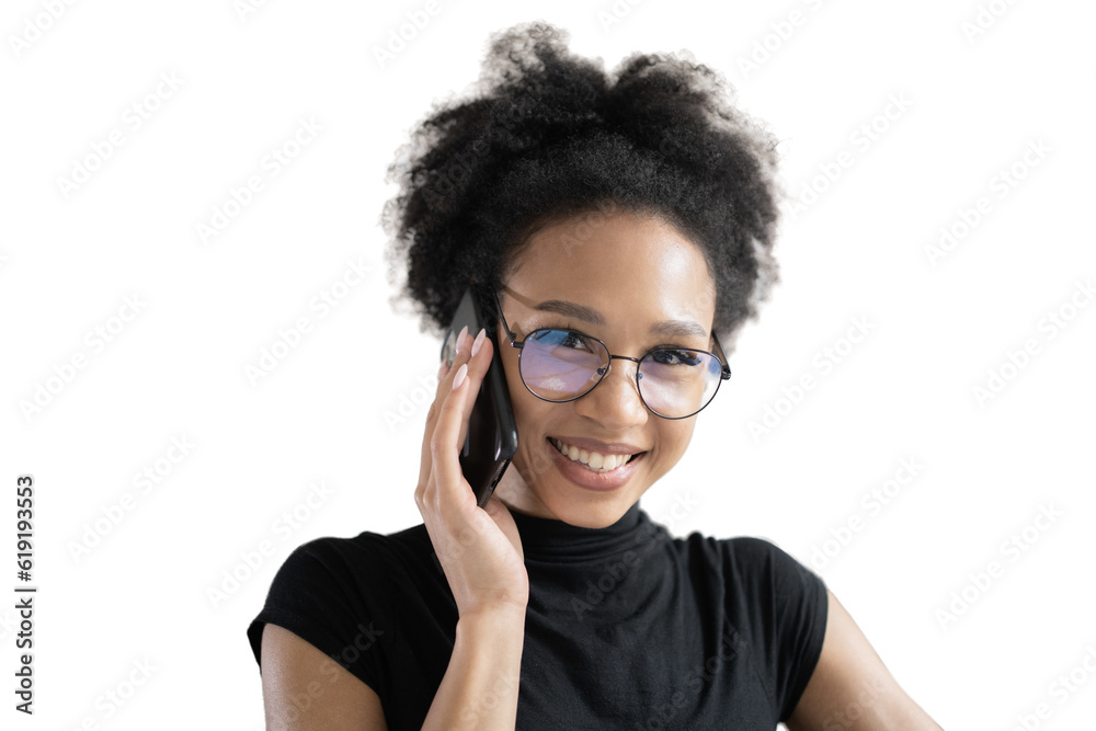 A freelancer is a young woman with glasses, answers a message to a client on the phone, a kind person smiles. Transparent background, png.