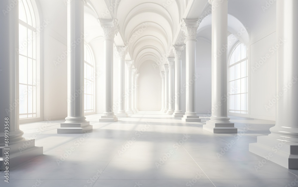 Architectural white panorama with shadow from columns. Long row of colonnade columns and arcs. Arched perspective in antique style. Floor-to-ceiling Windows of the palace.