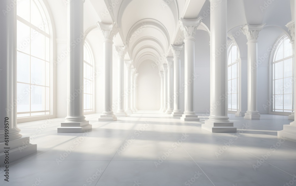 Antique architectural white panorama with shadow from columns. Long row of colonnade columns and arcs. Abstract light background.