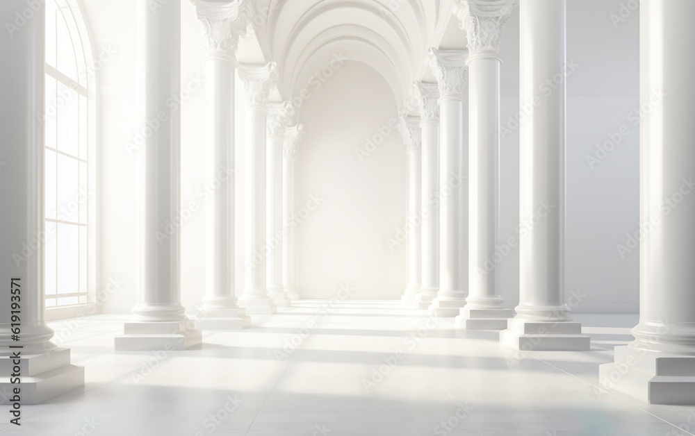 Long row of colonnade columns and arcs. Arched architectural perspective in Antique style. Corridor with arches. Floor-to-ceiling Windows of the Palace or castle.