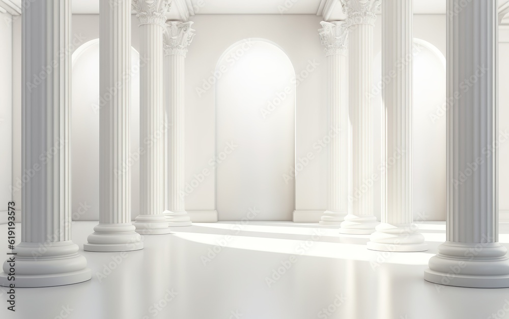 Antique architectural white panorama with shadow from columns. Abstract light background.