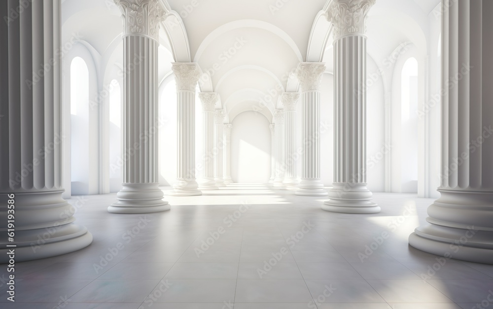 antique white panorama with shadow from columns. Arched architectural perspective in classic style. Floor-to-ceiling Windows of the Palace or castle.