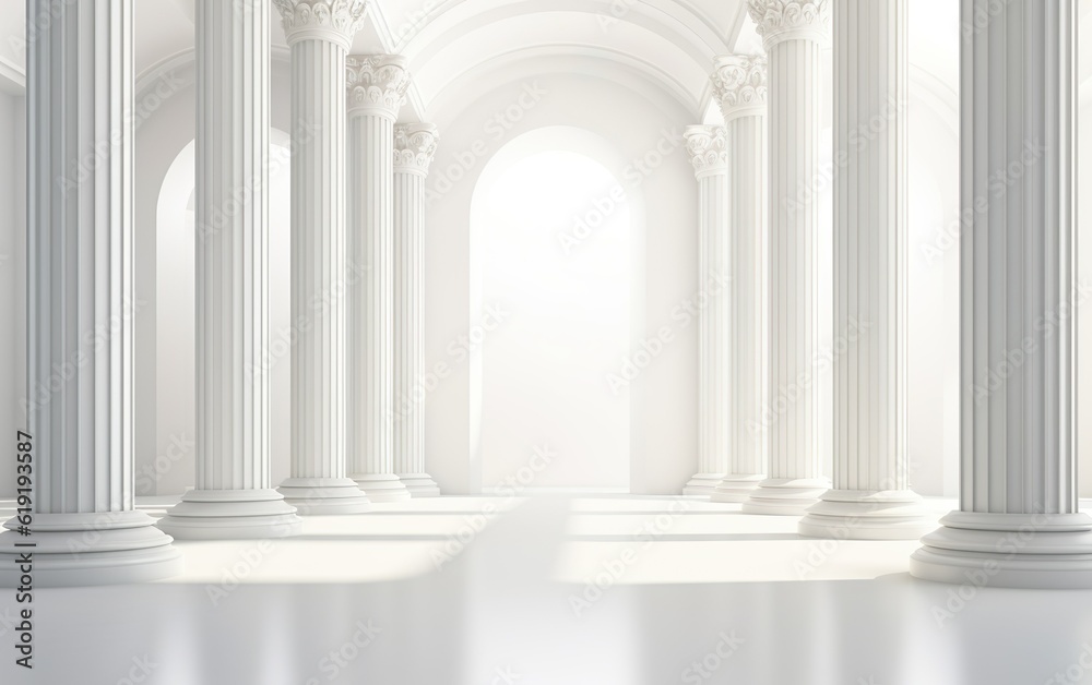 Arched architectural perspective in Antique style. Corridor with columns. White floor and walls. Abstract light background.