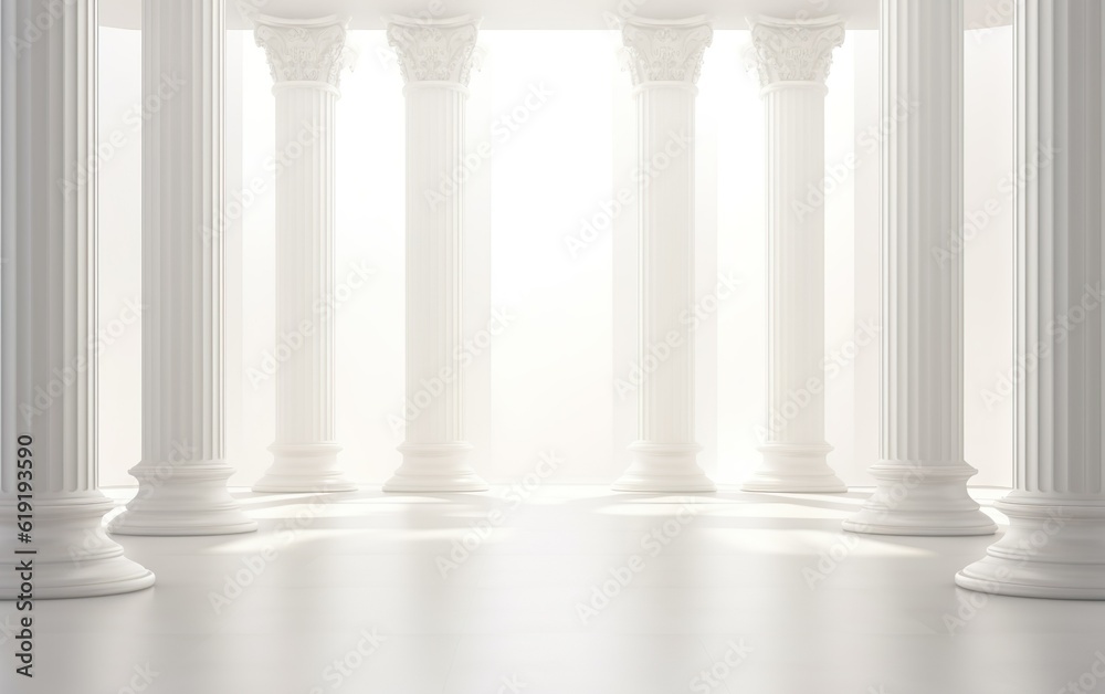 Antique architectural white panorama with shadow from columns. Long row of colonnade columns. Abstract light background.