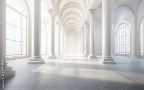 Arched architectural perspective in Antique style. Corridor with arches. Floor-to-ceiling Windows of the Palace or castle. Abstract light background.