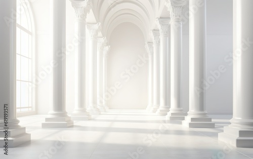 Long row of colonnade columns and arcs. Arched architectural perspective in Antique style. Corridor with arches. Floor-to-ceiling Windows of the Palace or castle.