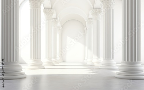 Long row of colonnade columns and arcs. Arched architectural perspective in Antique style. Abstract light background.