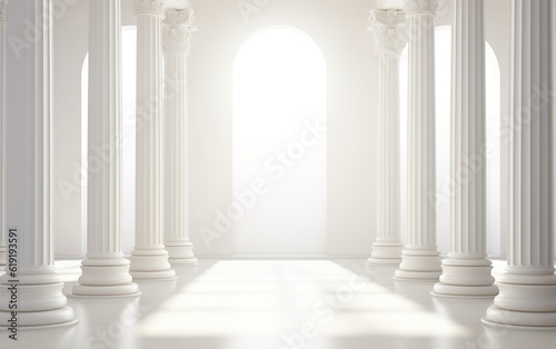 Long row of colonnade columns and arcs. Arched architectural perspective in Antic style. Abstract light background.