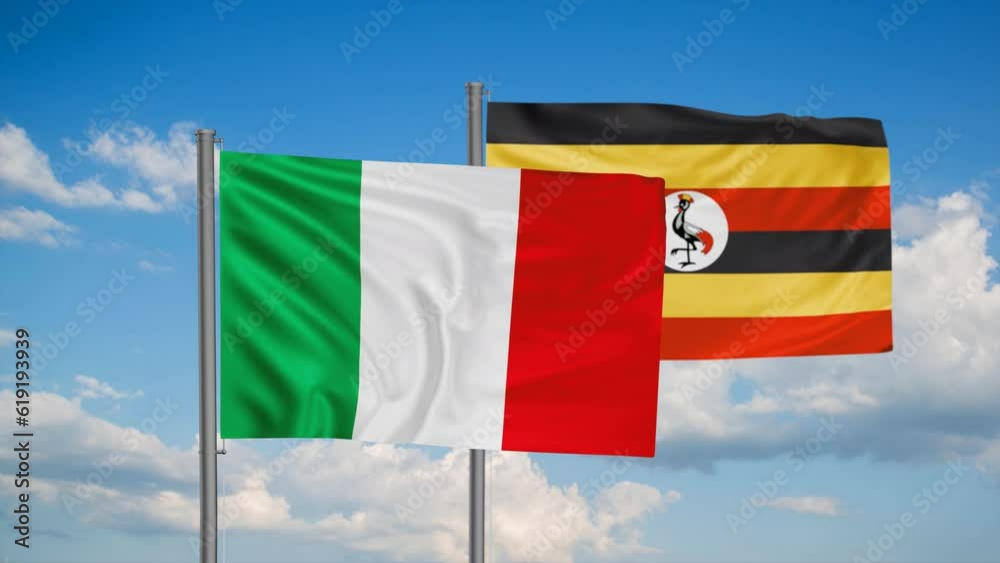 Republic of Uganda and Italy flag waving together in the wind on blue sky, cycle looped video, two country cooperation concept