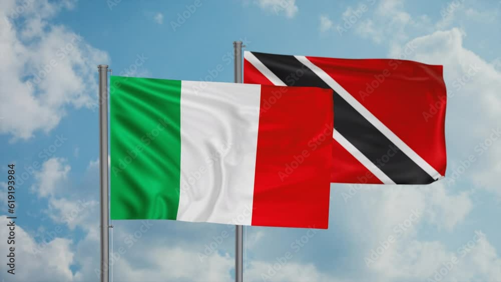 Trinidad and Tobago and Italy flag waving together in the wind on blue sky, cycle looped video, two country cooperation concept Trinidad and Tobago and Italy flag waving together in the wind on blue sky, cycle looped video, two country cooperation concept