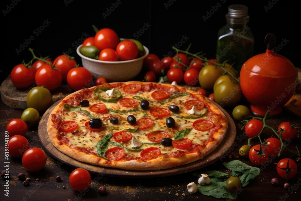 Pizza with fresh tomatoes, peppers and olives, generative ai