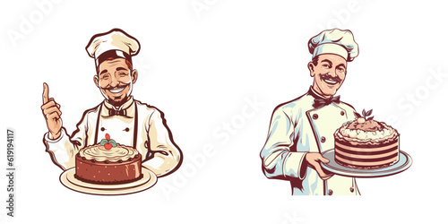Man baker with cake. Cartoon vector illustration.