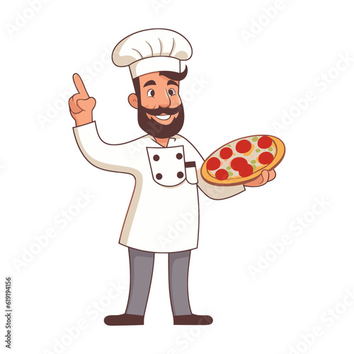 Chef holding a pizza. Cartoon vector illustration.