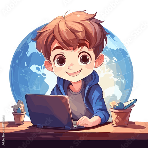 illustration, side view, happy cute little kid doing home school with computer laptop connection with internet study e-learning and course. e-learning web element