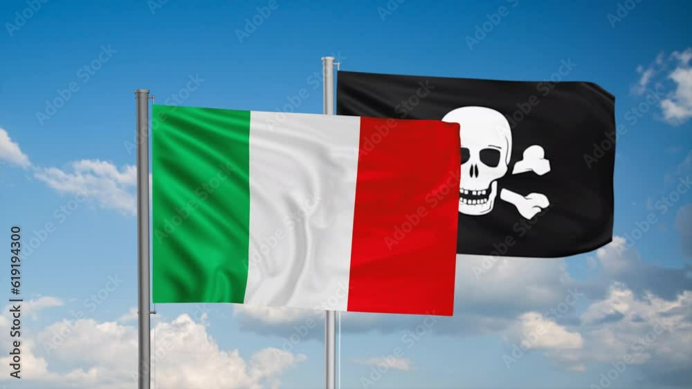 Italy flag and pirate waving together in the wind on blue sky, cycle looped video Italy flag and pirate waving together in the wind on blue sky, cycle looped video