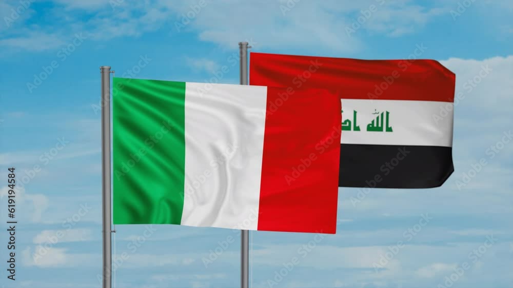 Iraq flag and Italy flag waving together on blue sky, looped video Iraq flag and Italy flag waving together on blue sky, looped video