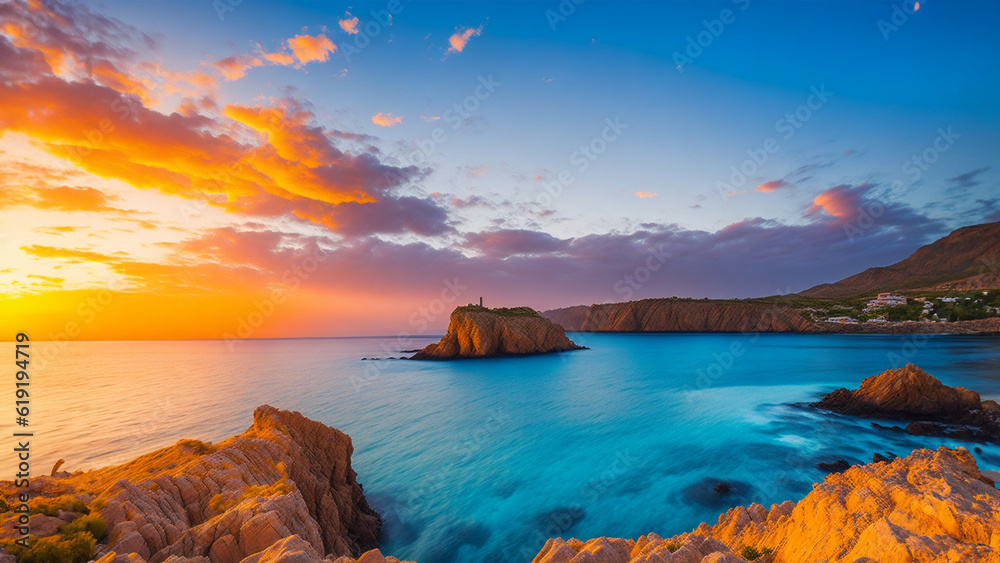 Beautiful landscape. Coast of the island of Crete - Greece area of Lerapetra Eden Rock. Beautiful sky at sunrise over the sea