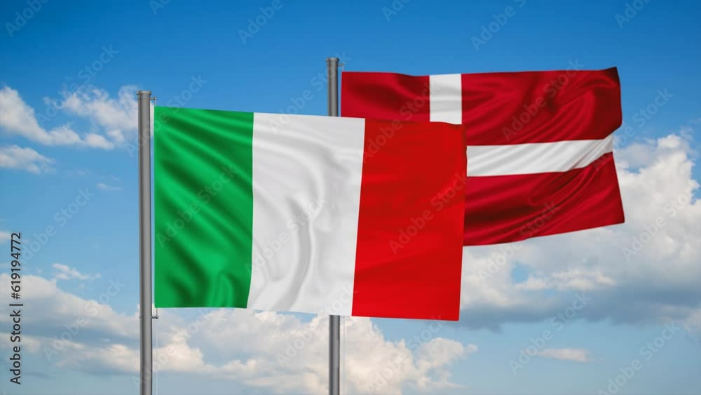 Denmark flag and Italy flag waving together on blue sky, looped video, two country cooperation concept Denmark flag and Italy flag waving together on blue sky, looped video, two country cooperation concept