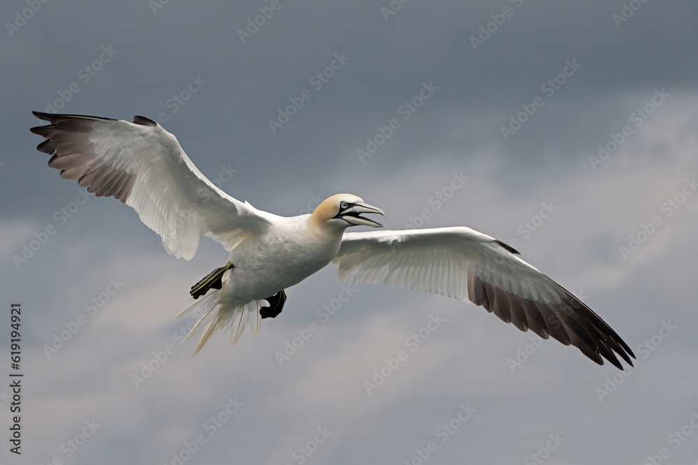 Northern Gannet (Morus bassanus) flying over the North Sea Northern Gannet (Morus bassanus) flying over the North Sea