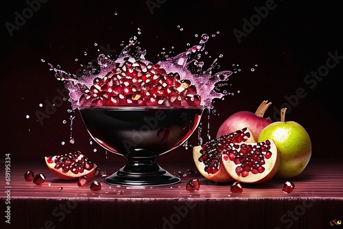 olpntng style, olpntng style, three Pomegranate splashing into a bowl of pink-wine photo