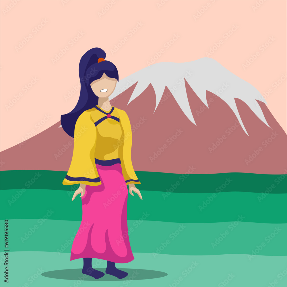 Asian Woman In Traditional Kimono Stand On Landscape Of Mountain asian-woman-in-traditional-kimono-stand-on-landscape-of-mountain
