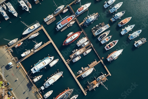 Pier speedboat. A marina lot. This is usually the most popular tourist attractions on the beach.Yacht and sailboat is moored at the quay.Aerial view by drone.Top view. High quality photo