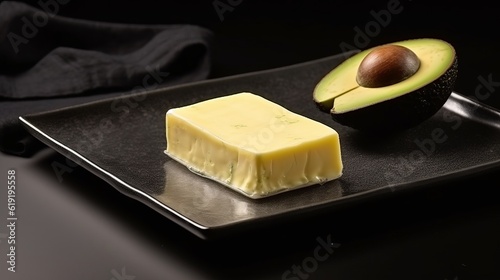 Butter with avocado flavor, healthy fats, an ingredient for the keto diet. Black minimalistic background. Generative AI
